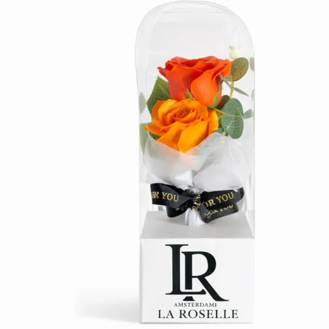 LA ROSELL Kunst Roos Giftbox Cadeau met – 2 kunstbloemen oranje rozen in cadeauverpakking Oranje / Rood