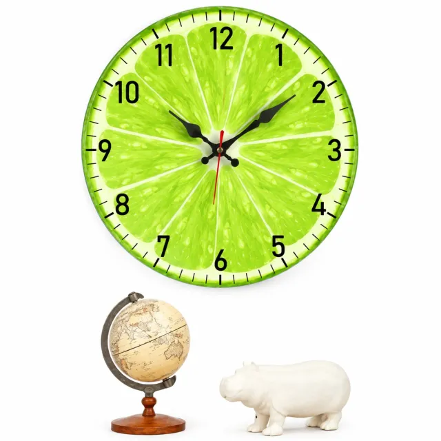 SWGOTA Houten wandklok met limoenschijfmotief, rond, diameter 30 cm, met cijfers en schaalverdeling, voor keuken en eetkamer Groen