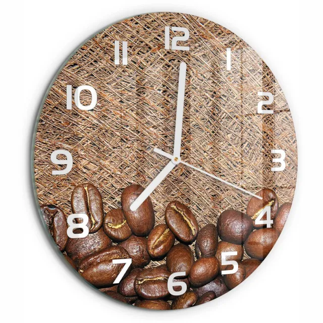TULUP Wandklok - Koffiebonen Decoratieve Glazen Klok - fi30 cm - Bruin Glazen Wandklok Design - Witte handen - Ronde Klok - Glazen Klok Met Print - Wandklok Glas Met Motief