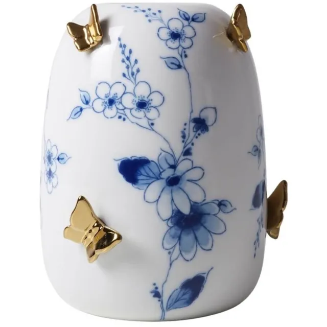Heinen Delfts Blauw Vaas Rond 3D Vlinders - Vlindergoud - Keramiek - 14 cm