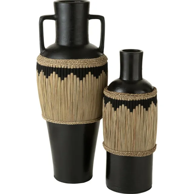 J-Line vaas Motief + Handvaten - terracotta/gras - zwart/naturel - 100 cm hoog
