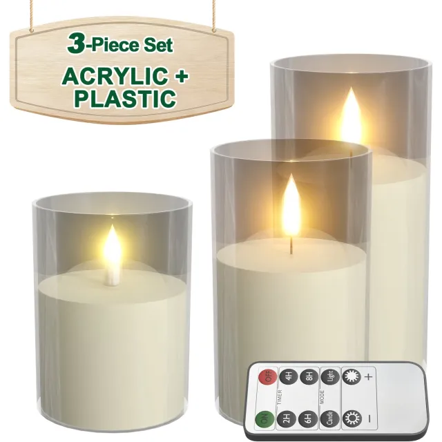 LED Kaarsen Set van 3 - Transparant - Acryl Stompkaarsen met Flikkerende Vlam - Afstandsbediening en Timer - Op Batterijen - NAIZY