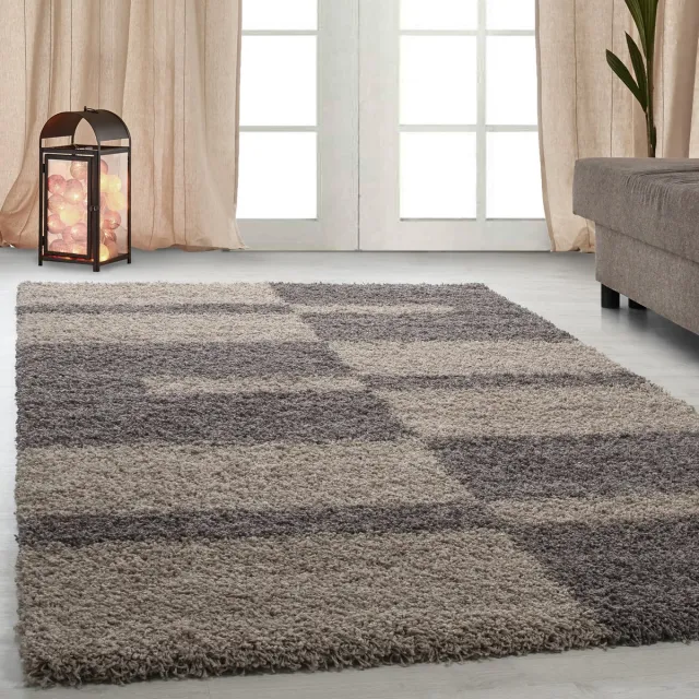 Adana Carpets Hoogpolig vloerkleed met ruitpatroon, taupekleur, geschikt voor de woonkamer, met jute achterkant, afmetingen: 120 cm x 170 cm