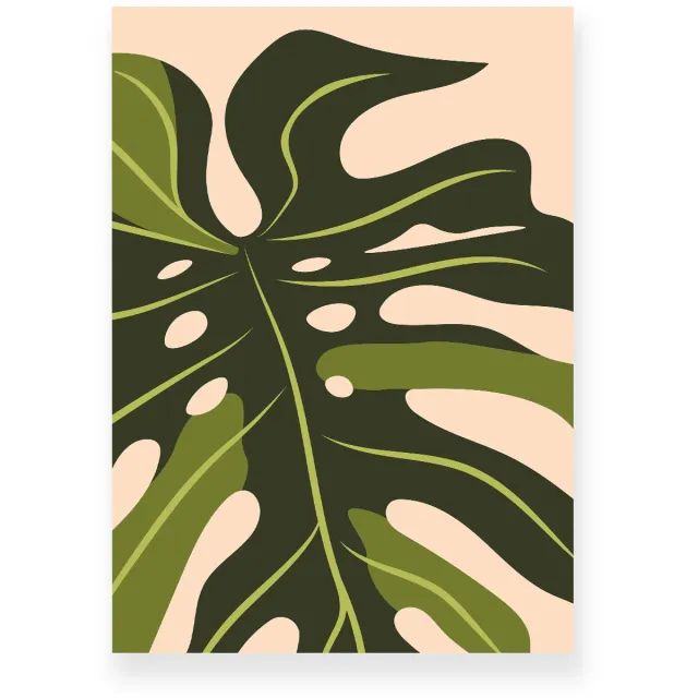 Yisual Poster 20x30 cm - Monstera Bladeren - Planten - Groen - Perzikkleur - Minimalistisch - Botanisch - Muurdecoratie - Wanddecoratie