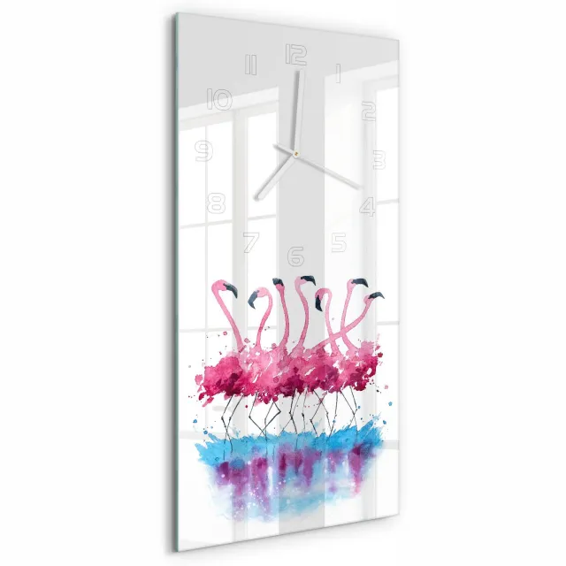 TULUP Wandklok - Flamingo's Wandklok Glas Met Motief - 30x60 cm - Roze Decoratieve Glazen Klok - Witte handen - Rechthoekige Klok - Gekleurde Glazen Klok - Glazen Klok Met Print
