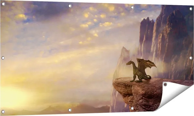 Gards Tuinposter Draak op een Rots bij Zonsondergang - 120x60 cm - Tuindoek - Tuindecoratie - Wanddecoratie buiten - Tuinschilderij Multikleur