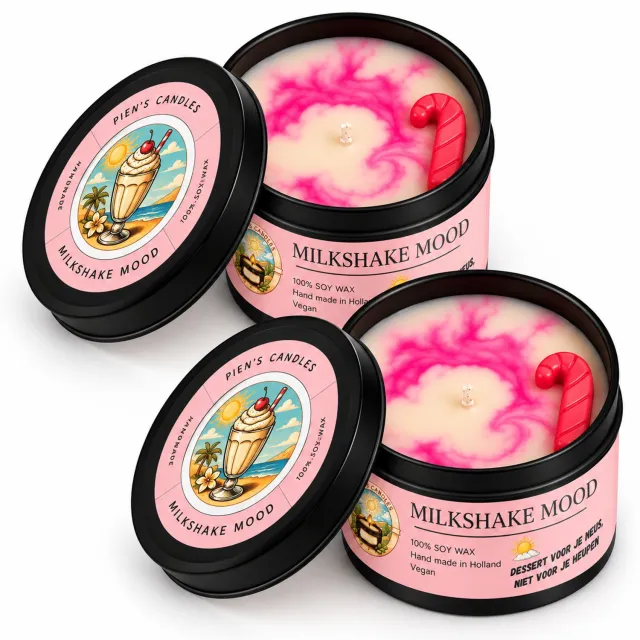 Pien's Candles 2x Geurkaars Milkshake Mood. Scented Candle. Genieten, ontspannen, romantisch, vakantie, warmte, warm, gezellig, cadeau, liefde Roze