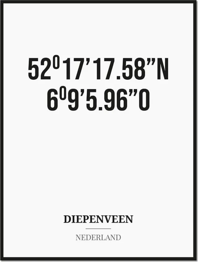 Studio216 Poster/kaart DIEPENVEEN met coördinaten zwart, wit