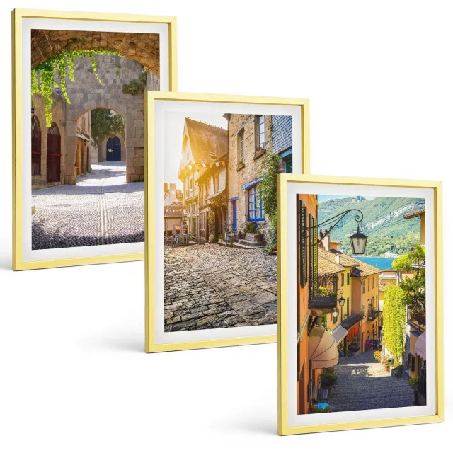 TULUP 4-Delige Schilderij Set - Sfeervolle straatjes met stenen gebouwen en poorten. - 40 x 60 cm - Muurdecoratie - Wanddecoratie - Hal - Stijlvolle Muurdecoratie Gouden lijst