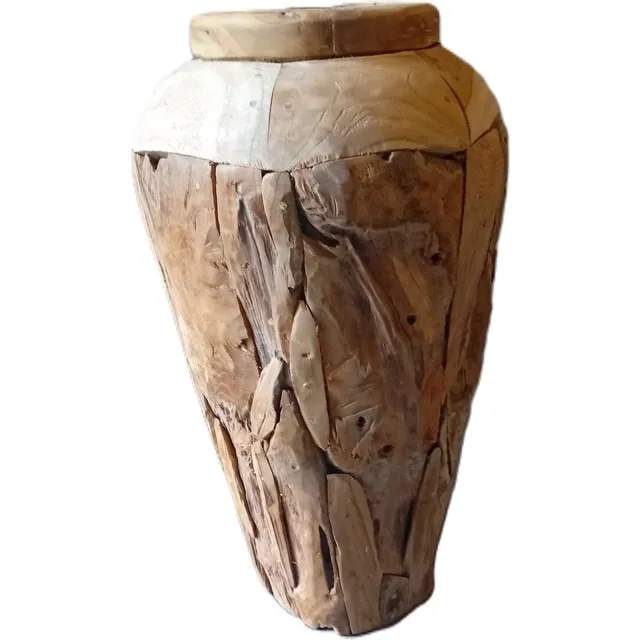 koloniaal teakhuis Teakhouten Vaas-Decoratievaas-Hergebruikt teak-model middel 60cm lichtbruin