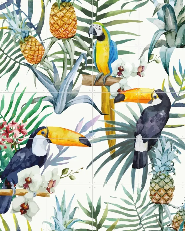 IXXI The Toucan Family, Creative Lab Amsterdam - 80 x 100 cm - Grote wanddecoratie en posters - Aquarel, Speels, Illustraties, Grafisch Ontwerp Wit / Groen