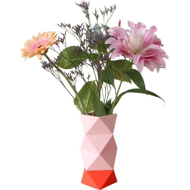 Kloq Origami Vaas - 3D Geprint - Woonkamer Decor - Bloemenvase - Perzik Pastel en Neon Oranje - Groot