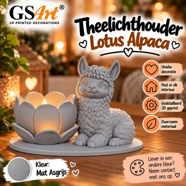 GSArt Theelichthouder Lotus Alpaca – Inclusief LED Theelichtje – 3D Geprint - Mat Asgrijs