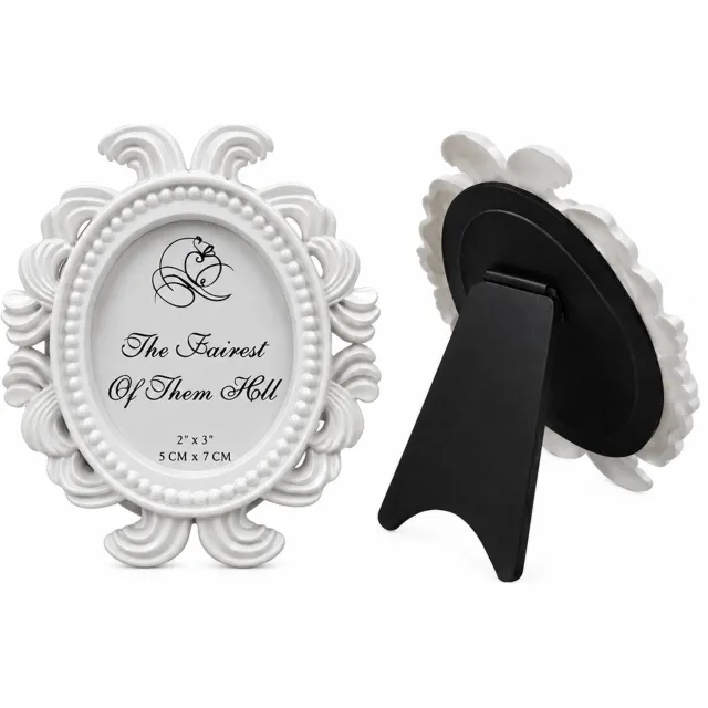 SWGOTA Witte ovale fotolijst van hars voor foto's van 5 × 7 cm, barokstijl met tafelstandaard, voor bruiloften en thuis, 1 stuk in witte doos