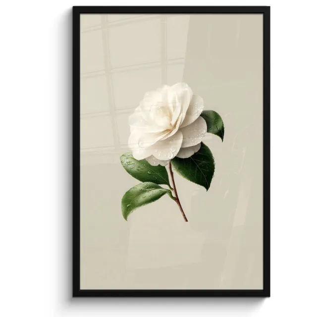 FrameYourWall Poster in lijst - Fotolijst 60x90 cm - Posters - Cameliabloem - Wit - Groen - Posterlijst zwart - Decoratie - Wanddecoratie woonkamer - Muurdecoratie slaapkamer