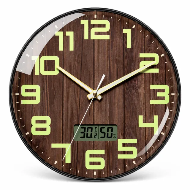 SWGOTA Wandklok 12 inch met donkere houtnerf, lichtgevende uitvoering, LCD voor temperatuur en luchtvochtigheid, stil kwartsuurwerk, 1 stuk Bruin