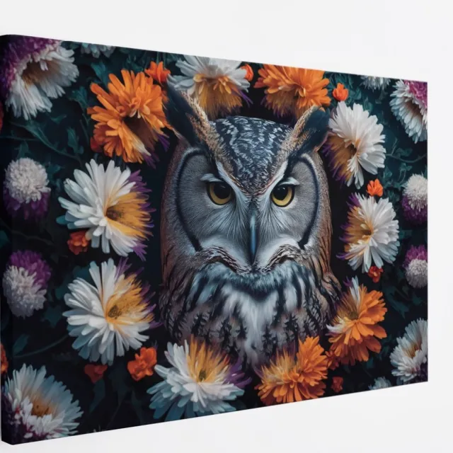 Saammp Canvas Schilderij - Uil tussen de bloemen - Abstract - Dieren - 50x40 - Foto op canvas - Wanddecoratie - muurdecoratie Woonkamer - Slaapkamer decoratie - Canvas Print Multicolor