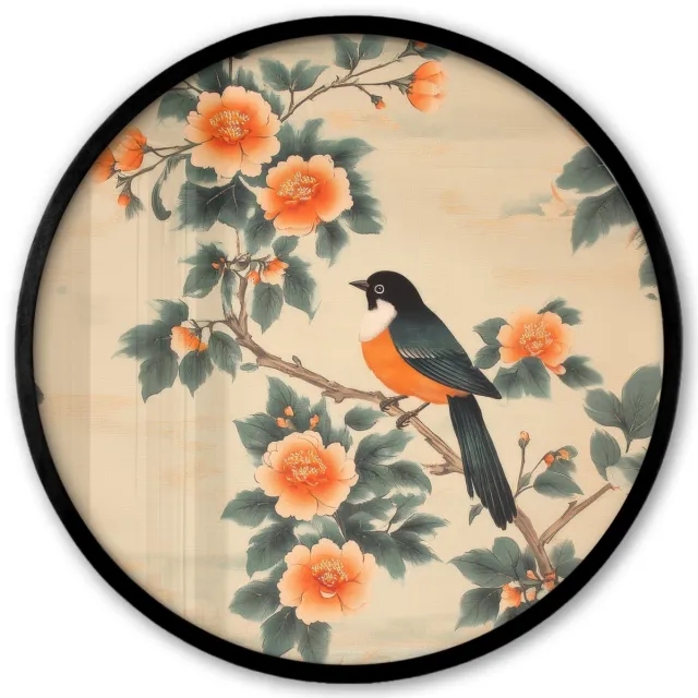 FrameYourWall Poster in lijst Rond - Fotolijst 40x40 cm - Posters - Vogel - Tak - Bloemen - Oranje - Ronde posterlijst zwart - Decoratie - Wanddecoratie woonkamer - Muurdecoratie slaapkamer
