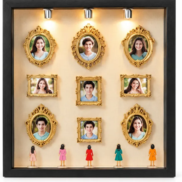 SWGOTA Witte vierkante MDF-displaylijst, binnenmaat 17,8 x 17,8 x 3 cm, tafelmodel met 8 miniatuurlijsten, 8 willekeurige figuurtjes en 2 lampjes