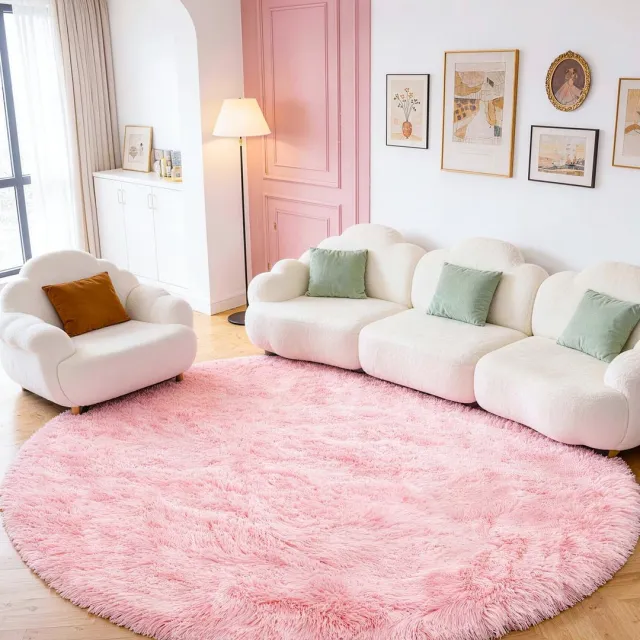 Famanu Rond vloerkleed shaggy, groot formaat tapijt, pluizig en decoratief, moderne stijl voor woonkamer en bank, 100x150 cm (roze