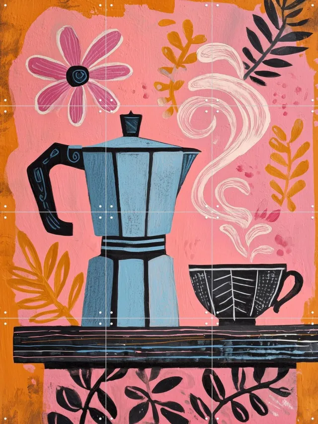 IXXI Coffee In Pink, Branka Kodžoman - 60 x 80 cm - Grote wanddecoratie en posters - Kleurrijk, Illustraties, Eetkamer, Keuken, Keukengerei, Eten & Roze