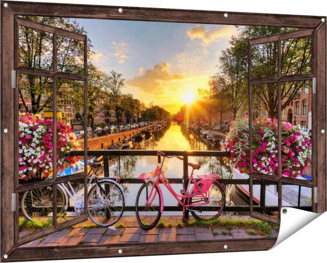 Gards Tuinposter Doorkijk Amsterdamse Brug met Zonsopgang - 150x100 cm - Tuindoek - Tuindecoratie - Wanddecoratie buiten - Tuinschilderij Donker bruin