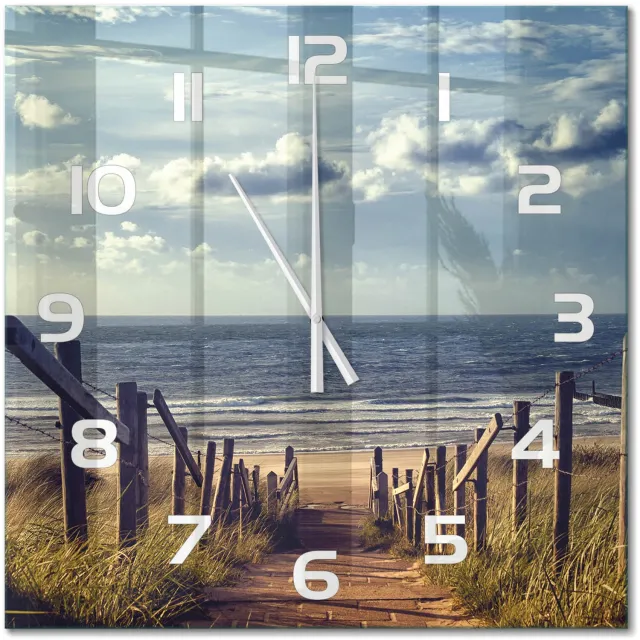 TULUP Wandklok - De weg naar het strand Gekleurde Glazen Klok - 60x60 cm - Blauw Glazen Klok Met Print - Witte handen - Vierkante Klok - Moderne Wandklok Glas - Wandklok Glas Decoratie