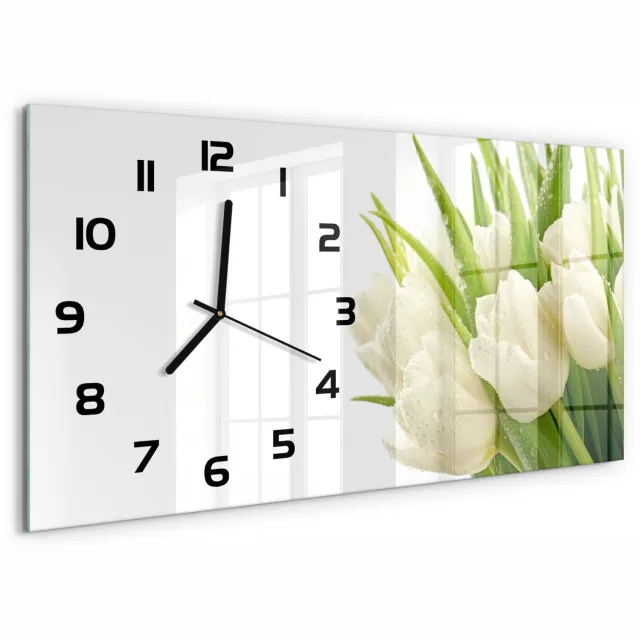 TULUP Wandklok - Witte tulpen Glazen Klok Met Print - 60x30 cm - Wit Wandklok Glas Met Motief - Zwarte handen - Rechthoekige Klok - Wandklok Glas Decoratie - Gekleurde Glazen Klok