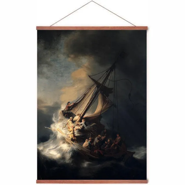 Esque Poster In Posterhanger - Christus in de storm - Kader Hout - Rembrandt van Rijn - 70x50 cm - Ophangsysteem