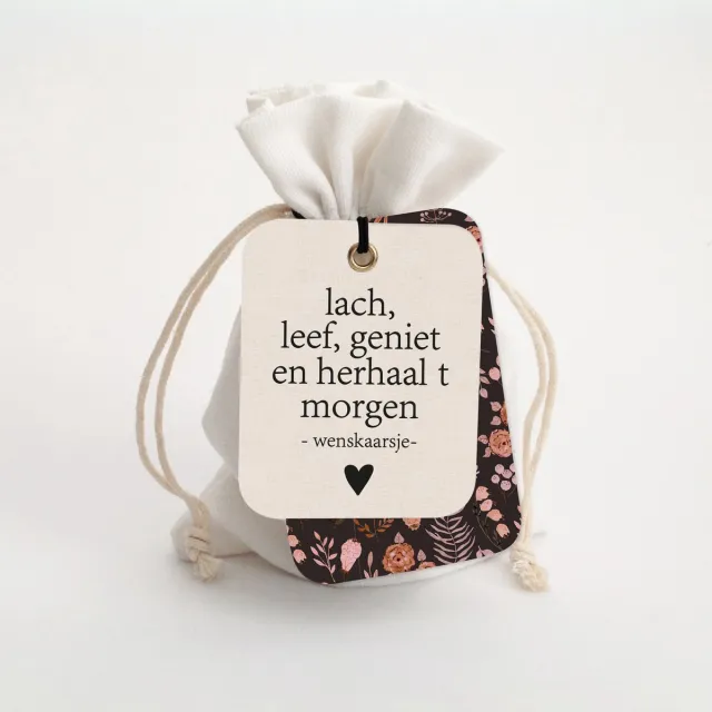 By Romi Creative Studio Wenskaarsje in zakje - Lach, leef, geniet en herhaal 't morgen ivoor