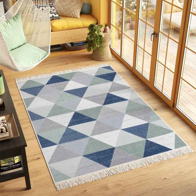Tapiso Azteca Vloerkleed Grijs Franjes Slaapkamer Katoenen Dubbelzijdig Tapijt Maat- 80x300 Marineblauw Grijs