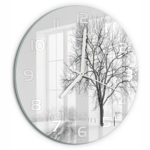 TULUP Wandklok - Winterboom Moderne Wandklok Glas - fi30 cm - Wit Wandklok Glas Decoratie - Witte handen - Ronde Klok - Glazen Wandklok Design - Klok Glas Met Opdruk