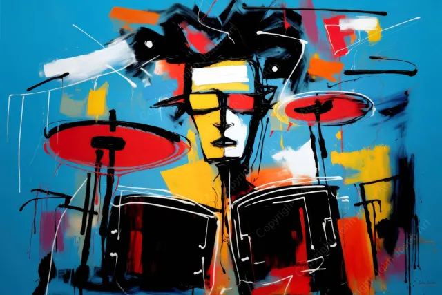 John Joseb Art (Aluminium) 90x60 | Drumstel, drummer, abstract, Herman Brood stijl, kleurrijk, kunst | muziek, muziekinstrument, rood, geel, blauw, modern | foto-schilderij op dibond, metaal wanddecoratie Aluminium, dikte 3 mm