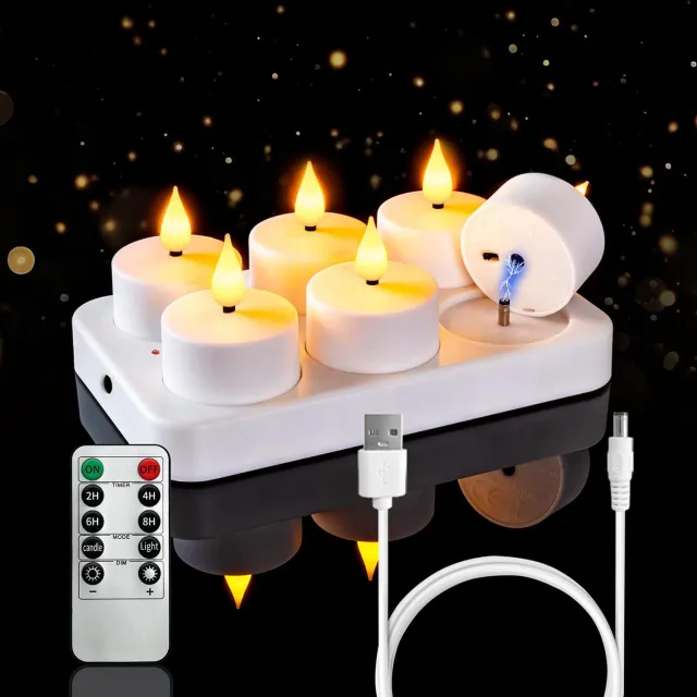 Flintry 6 Oplaadbare Led Theelichtjes - Oplaadbare Waxinelichtjes 6x - Met Lader, Afstandsbediening En Oplaadkabel Warm Wit Licht