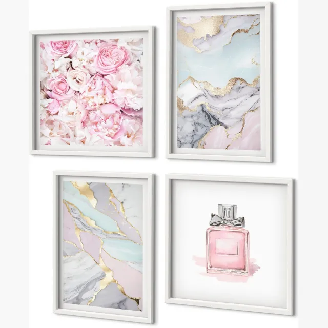 Coloray 4-Delige Schilderij Set - Roze Bloemen Met Marmer- En Pastelpatronen - 40 x 40 En 40 x 60 - Wanddecoratie - Muurdecoratie - Woonkamer - Woonkamer Decoratie Witte lijst