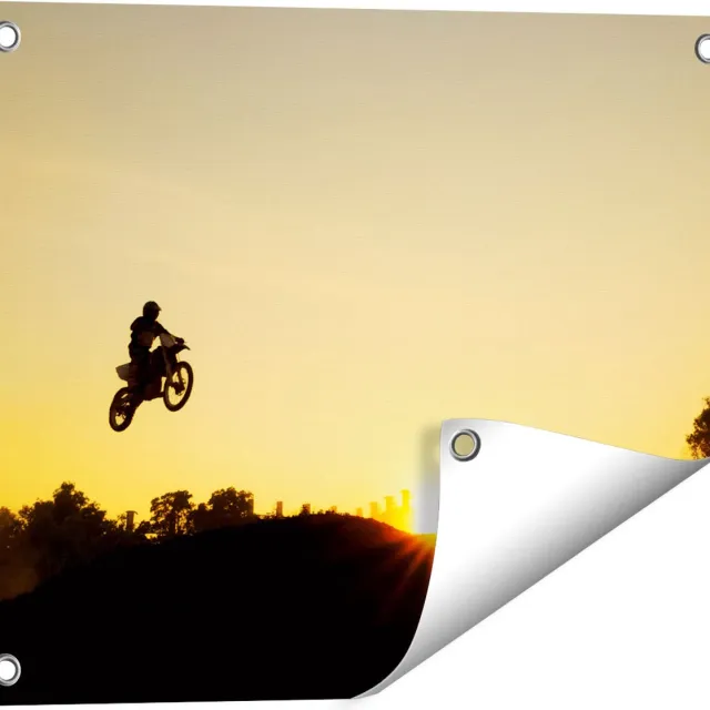 Gards Tuinposter Silhouet van een Motorcross bij Zonsondergang - 50x40 cm - Tuindoek - Tuindecoratie - Wanddecoratie buiten - Tuinschilderij Multikleur