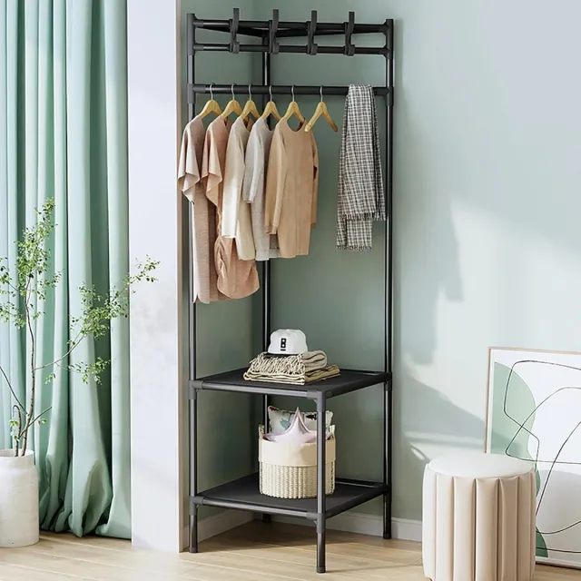 Unyqoos Ruimtebesparend hoekgarderobe rek met metalen kledingstang en haken Zwart