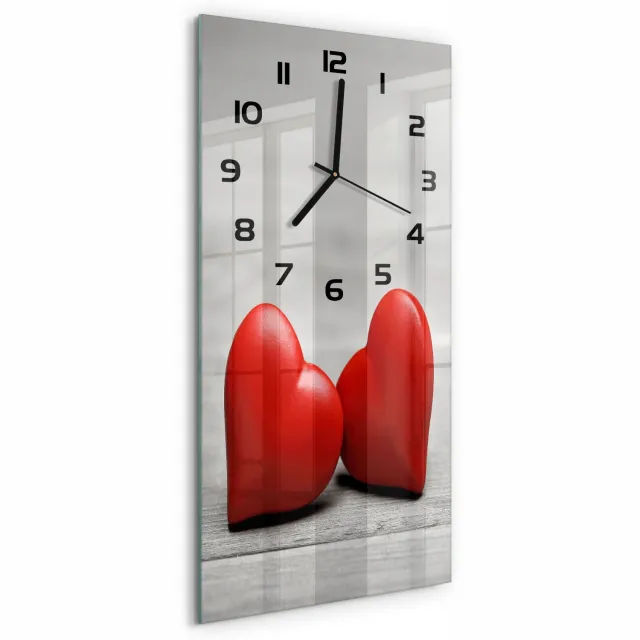 TULUP Wandklok - Harten op hout Wandklok Glas Decoratie - 30x60 cm - Rood Gekleurde Glazen Klok - Zwarte handen - Rechthoekige Klok - Klok Glas Met Opdruk - Moderne Wandklok Glas