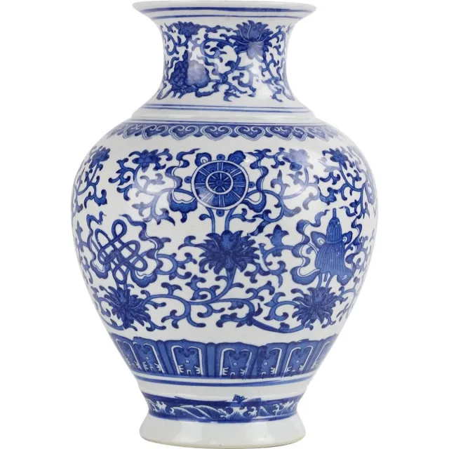 Fine Asianliving Chinese Vaas Porselein Handgeschilderd Lotus Blauw-Wit D21xH28cm Blauw, Wit