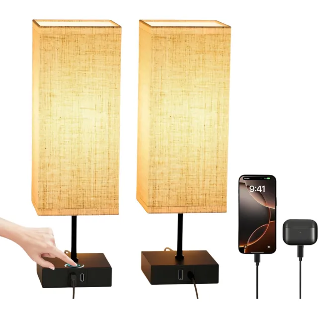 VELZINO® Lamp Nachtkastje - Taffellamp - Bedlamp - 3 Kleurtemperaturen - Dimbaar - Met USB-Poorten Beige