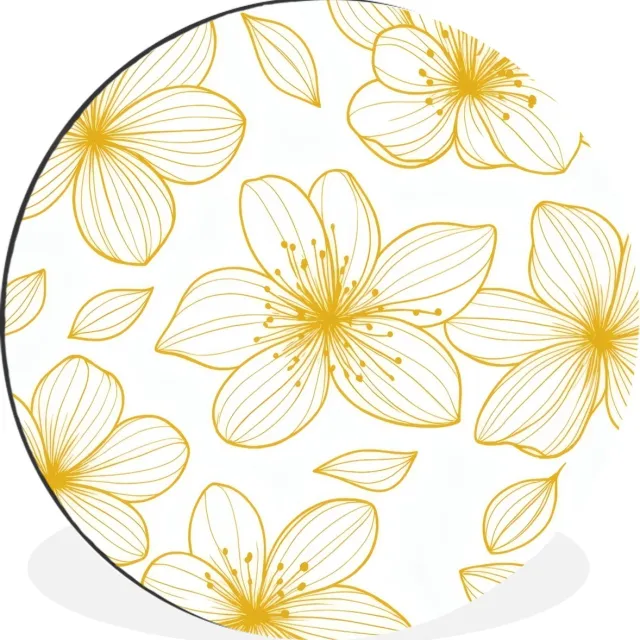 WallCircle Wandcirkel - Muurcirkel - Bloemen - Patroon - Illustratie - Geel - Aluminium - Dibond - 90x90 cm - Binnen en Buiten