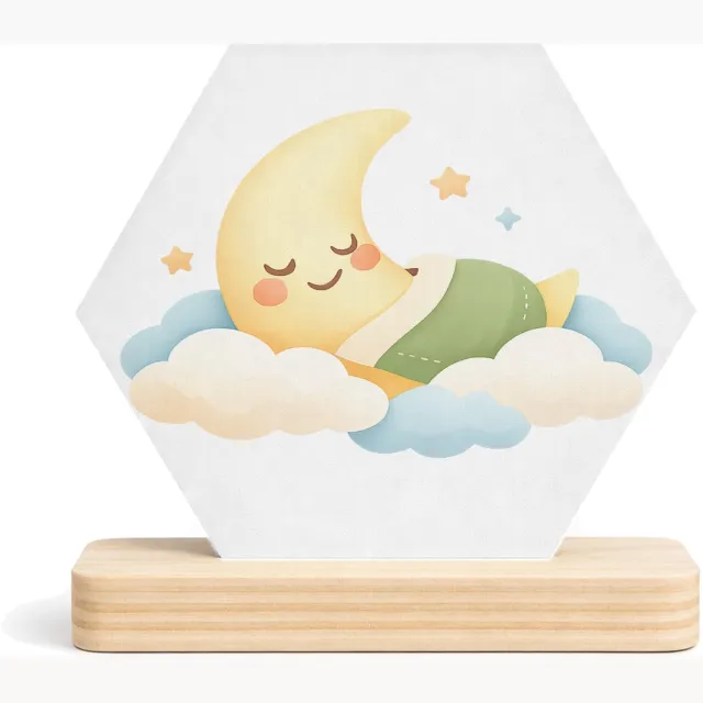 Mr Cadeautjes MDF fotolijst/inleg hexagon 14 x 13 - design Een zachte babykamer-sfeer met een slapende maan en wolkjes | cadeau Wit
