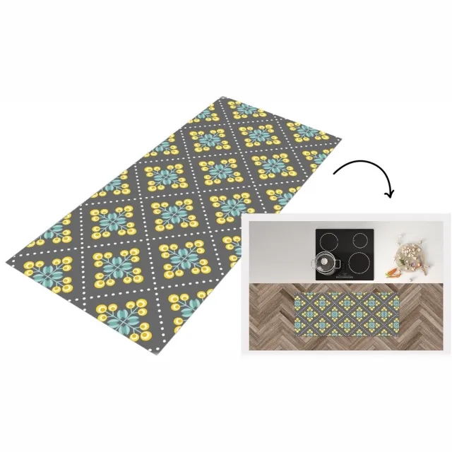 KitchenYeah Keukenloper - Keukenmat vinyl Design - Ruit - Bloemen - Grijs - Keukenmatten loper - Keuken vloerkleed tapijt, foto 2