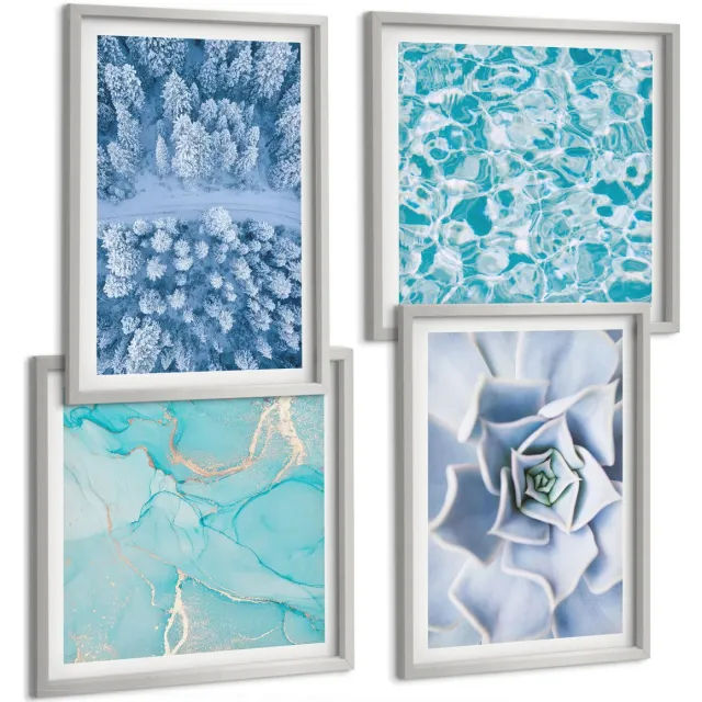TULUP 4-Delige Schilderij Set - Winterbos, blauwe bloem, blauw wateroppervlak - 40 x 40 cm en 40 x 60 cm - Decoratieve Muurdecoratie - Slaapkamer - Woonkamer Decoratie Zilveren lijst