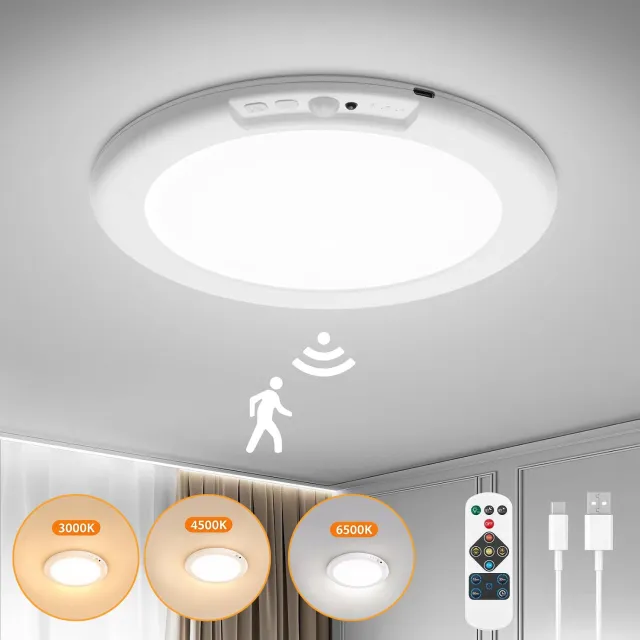 NCRealher Plafondlamp Met Bewegingssensor - Sensorlamp Op Batterijen - 250lm 3 Kleuren Dimbare Plafondlampen - Draadloze Oplaadbare Wandlampen Wit