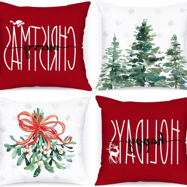 EGoods Kerst Kussenhoezen 50x50 set van 4, winter bos decoratief - Rood - Binnen huis slaapkamer bank deco