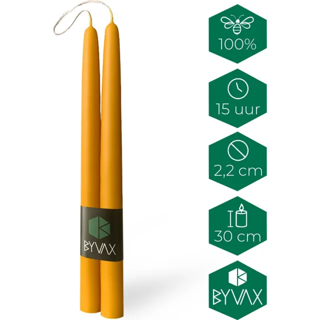 BYVAX 8 Bijenwas Dompelkaarsen | 30cm Hoog | 100% Zuivere bijenwas | Dinerkaarsen Geel