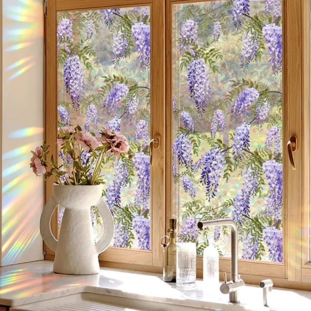 Cyslmuk Raamfolies, Privacyfolie raam regenboog bloemmotief, Statisch hechtende raamsticker 3D decoratie, Glazen raamfolie paarse bloemen, Raamdecoratie 40 x 200 cm, Regenboograam klampt zich vast - Cyslmuk®