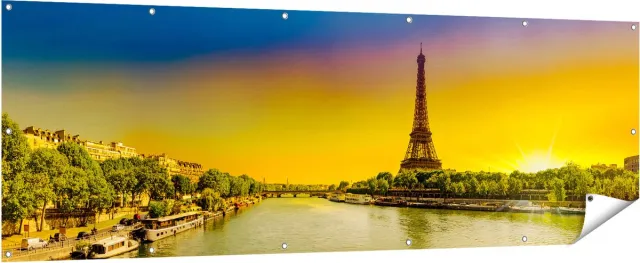 Gards Tuinposter Eiffeltoren in Parijs tijdens Zonsopgang - 210x70 cm - Tuindoek - Tuindecoratie - Wanddecoratie buiten - Tuinschilderij Multikleur