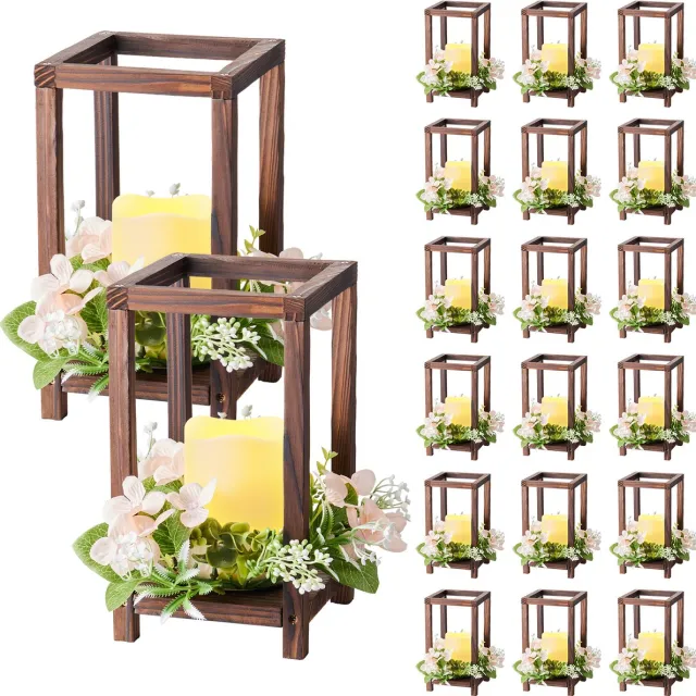 Vevor set van 20 houten lantaarns, inclusief 20 kandelaars, 20 vlamloze LED-kaarsen en 20 champagnekleurige bloemenkransen voor bruiloftstafels, feesten en boerderijdecoratie, bruin.